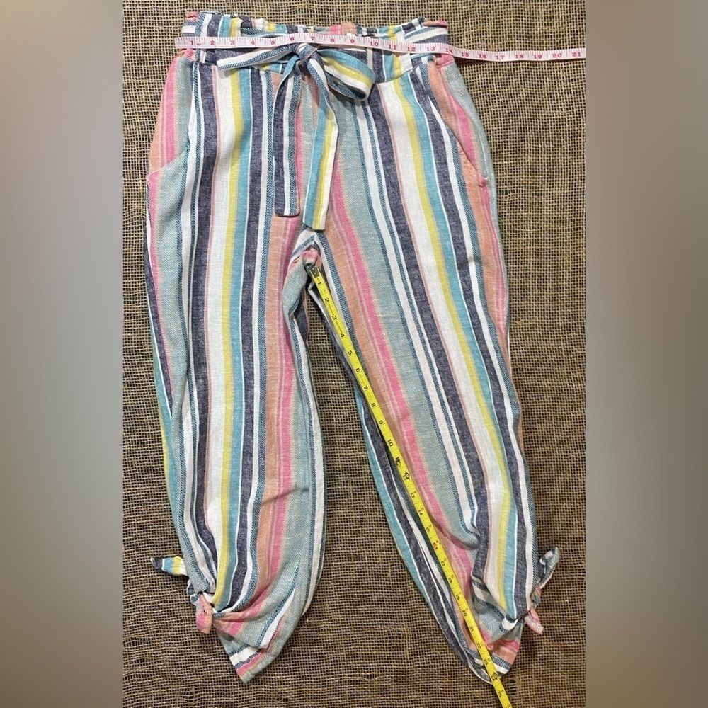 Indigo Rein Pants Small Linen/Rayon Pockets Elastic Waist Belt Striped Cropped - Picture 6 of 7